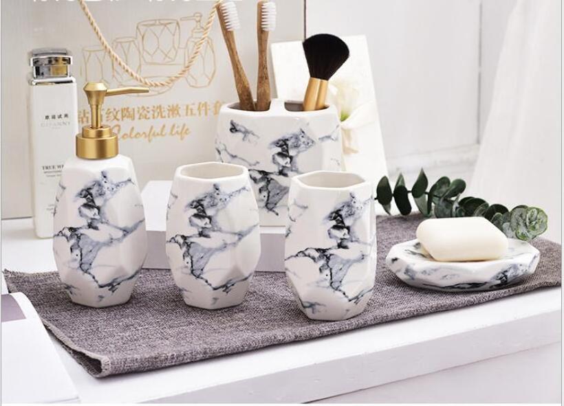 High quality 5 pcs funny bathroom sets royal white marble bathroom accessory set for hotel