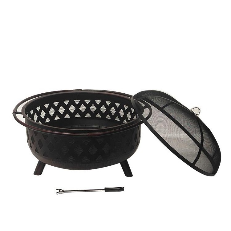 Round Firepit with poker and rain cover place outdoor patio fire pits with lids backyard garden fire pit