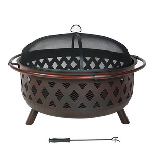 Round Firepit with poker and rain cover place outdoor patio fire pits with lids backyard garden fire pit