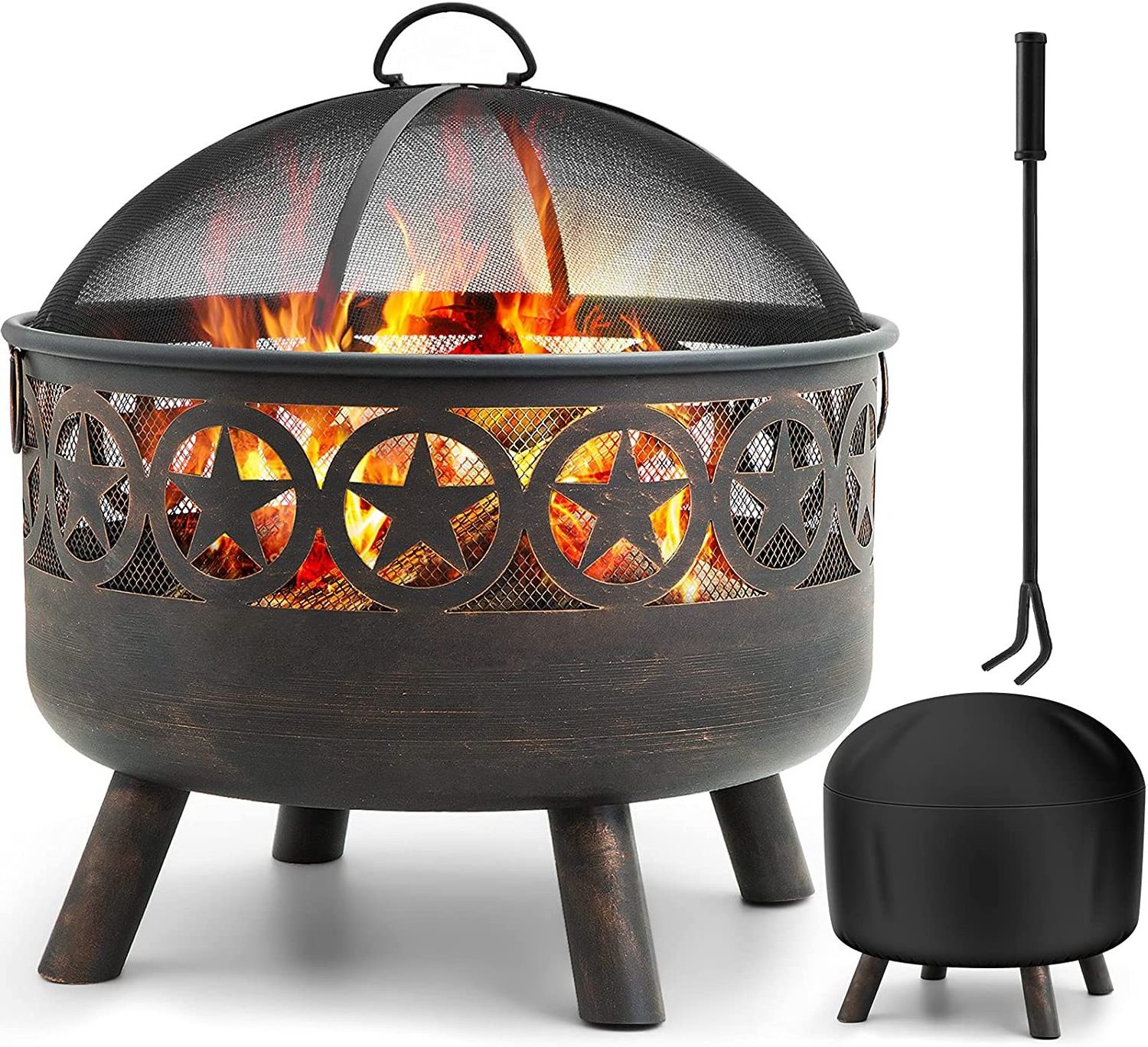 Fire Pit for Outside,Outdoor Fire Pit Wood Burning with Spark Screen Fire Poker for Camping,Backyard,Patio(Black)