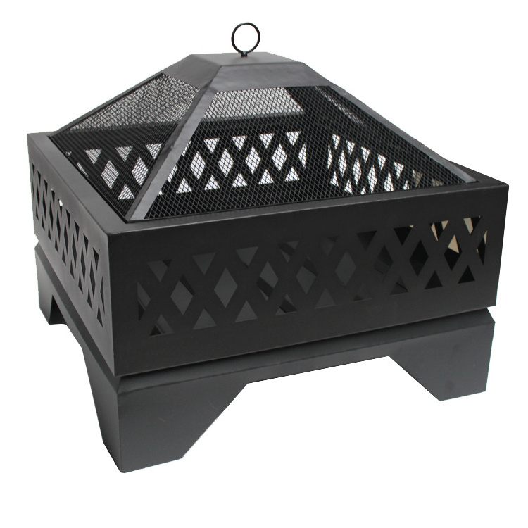 60cm square fire pit with screen cover and poker Outdoor Garden fireplace Metal Steel customized Fire pit