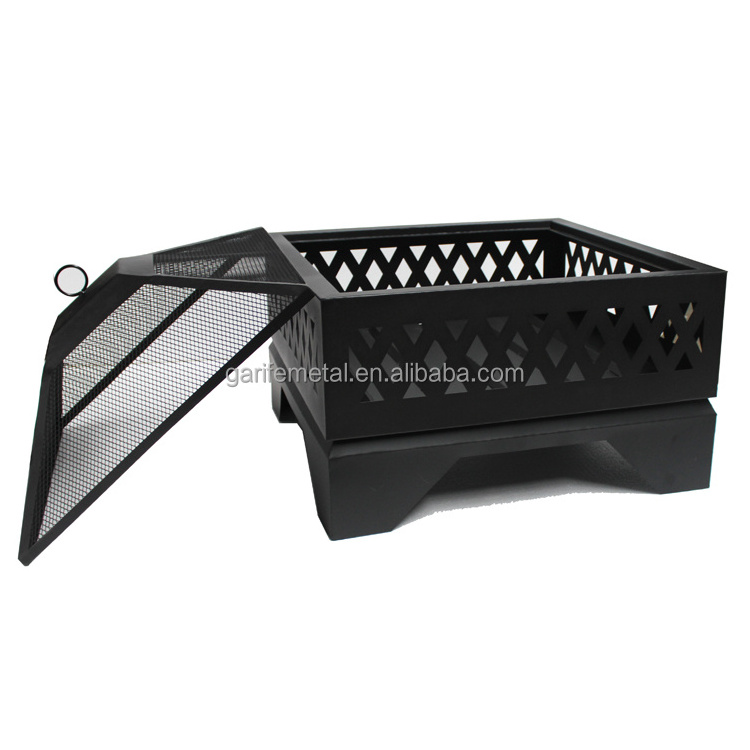 60cm square fire pit with screen cover and poker Outdoor Garden fireplace Metal Steel customized Fire pit