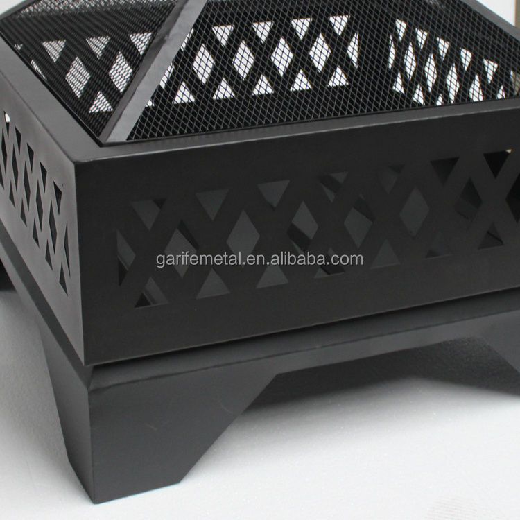 60cm square fire pit with screen cover and poker Outdoor Garden fireplace Metal Steel customized Fire pit