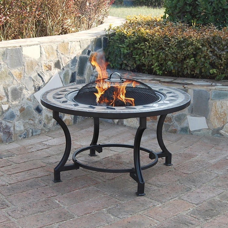 Garden BBQ fire pit table mosaic ceramic tabletop Fire Pit with chromed BBQ grill and center lid