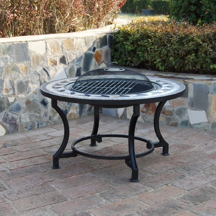 Garden BBQ fire pit table mosaic ceramic tabletop Fire Pit with chromed BBQ grill and center lid