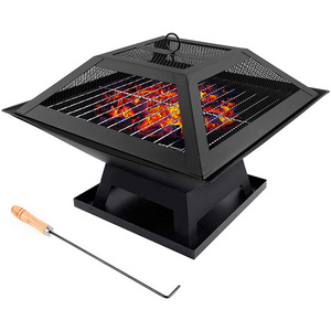 18.5'' steel square firepit, with mesh cap  and poker Outdoor Square BBQ Grill Fire Pit Table Ball Burner Portable Grill Grate