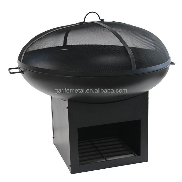 Outdoor Steel Fire Pit With Log Storage Garden Round Black Wood Fuel Bbq Grill