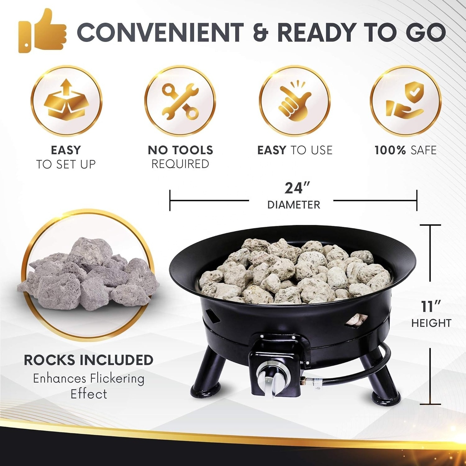 Portable Propane Gas Fire Pit 24 inch diameter fire bowl outdoor smokeless Fire Pit with Auto Ignition