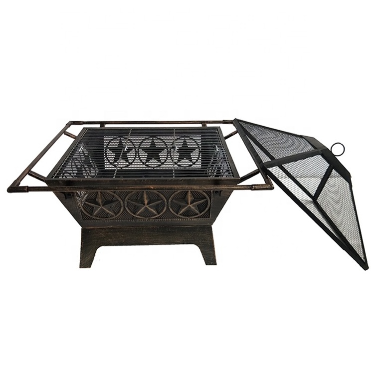 Wholesale star design 32 inch Metal garden Fire Pit Outdoor Wood Burning Fire Pit with Folding BBQ grill