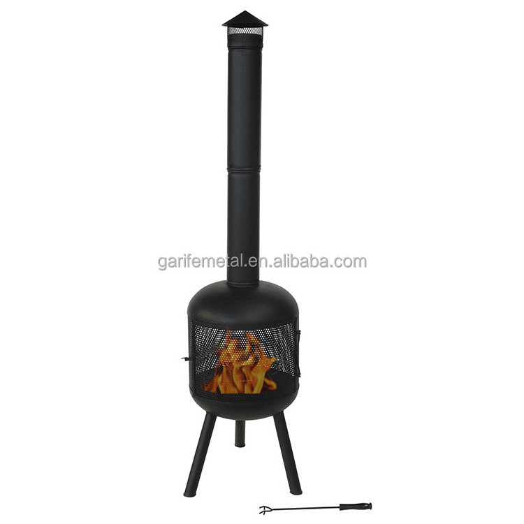 Outdoor Contemporary Tall Patio Chimenea Black Steel Firepit Stove