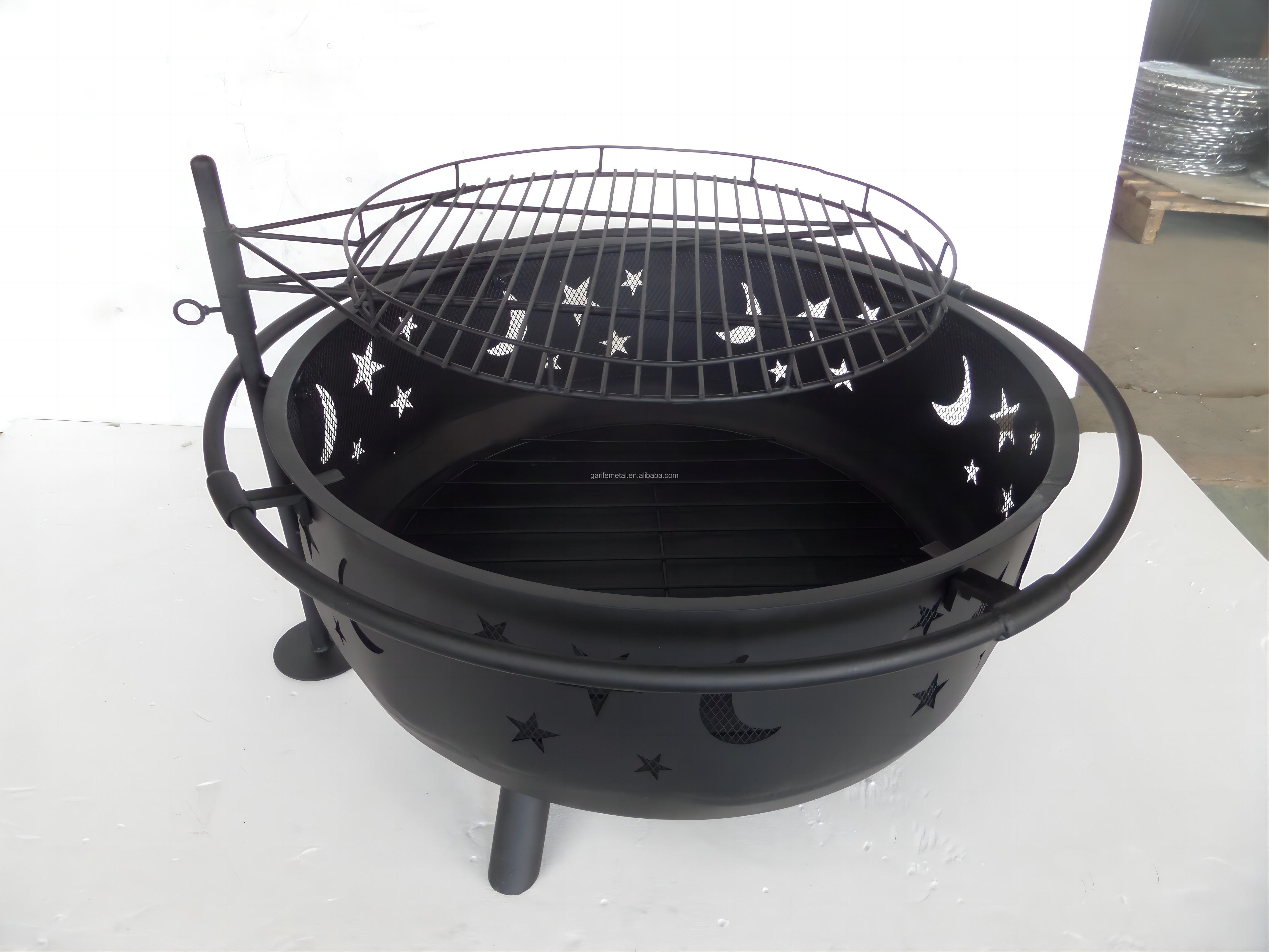 Black All Star Fire Pit Bowl Includes BBQ Cooking Grate Spark Screen Fire Pit with 360 Degree Barbeque Cooking Grate