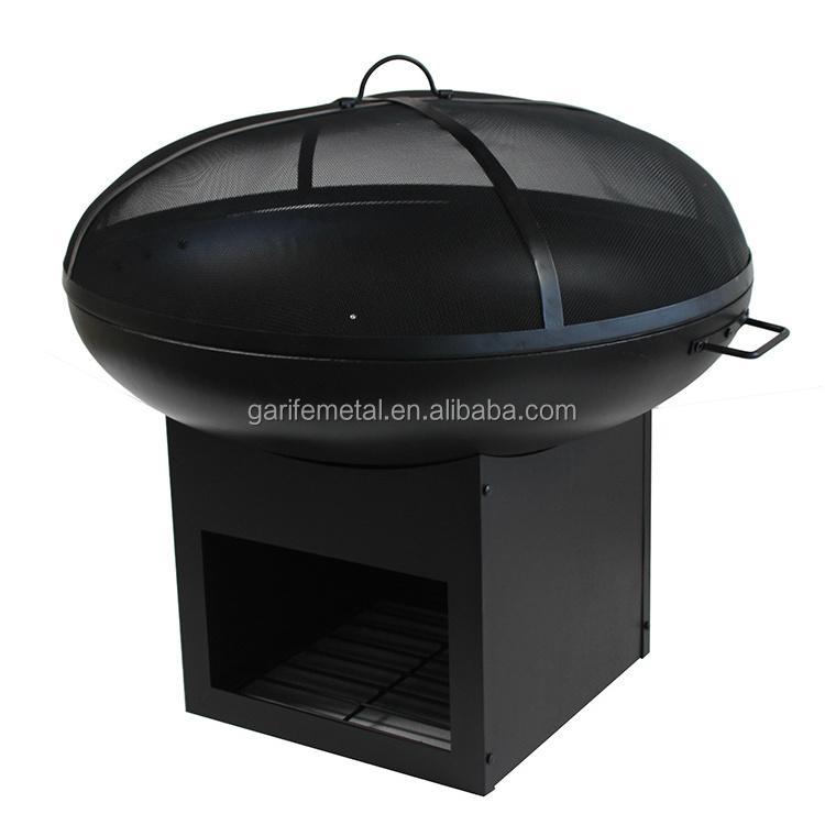 Outdoor Steel Fire Pit With Log Storage Garden Round Black Wood Fuel Bbq Grill