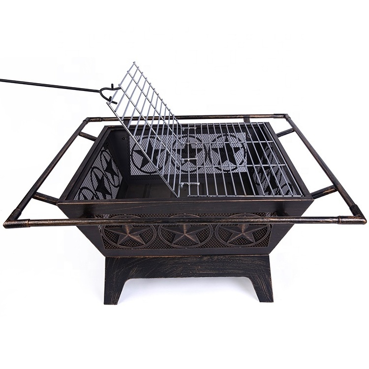 Wholesale star design 32 inch Metal garden Fire Pit Outdoor Wood Burning Fire Pit with Folding BBQ grill