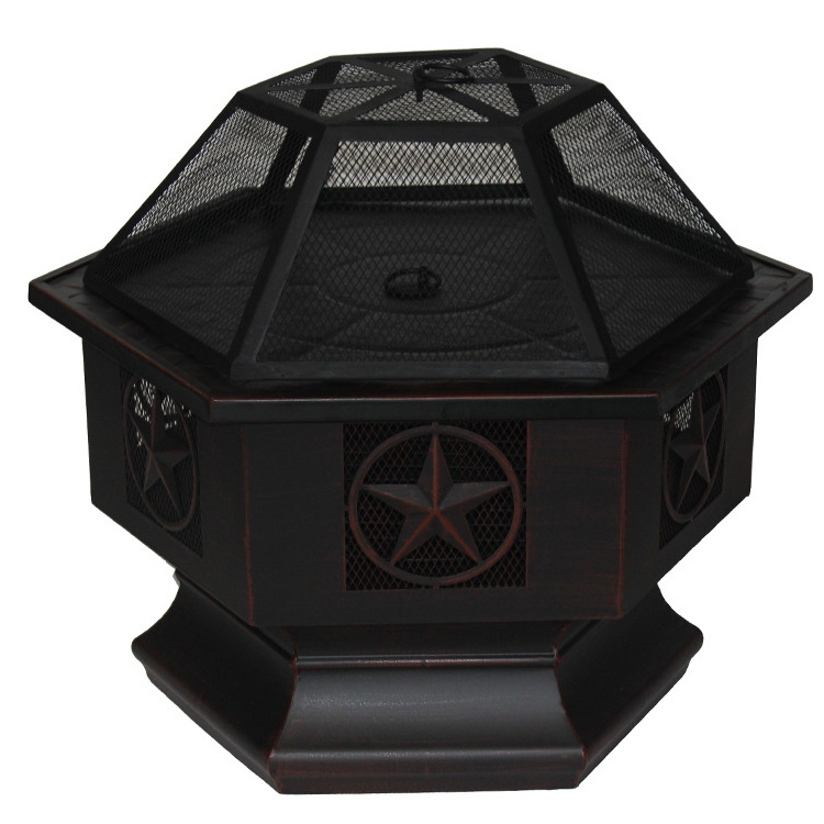 New Hex-Shaped Fire Pit 24 Inch Wood Burning Bonfire Firebowl Outdoor Portable Steel Firepit with Flame-Retardant Mesh Lid