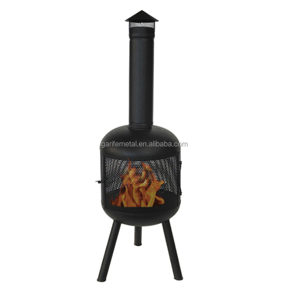 Outdoor Contemporary Tall Patio Chimenea Black Steel Firepit Stove