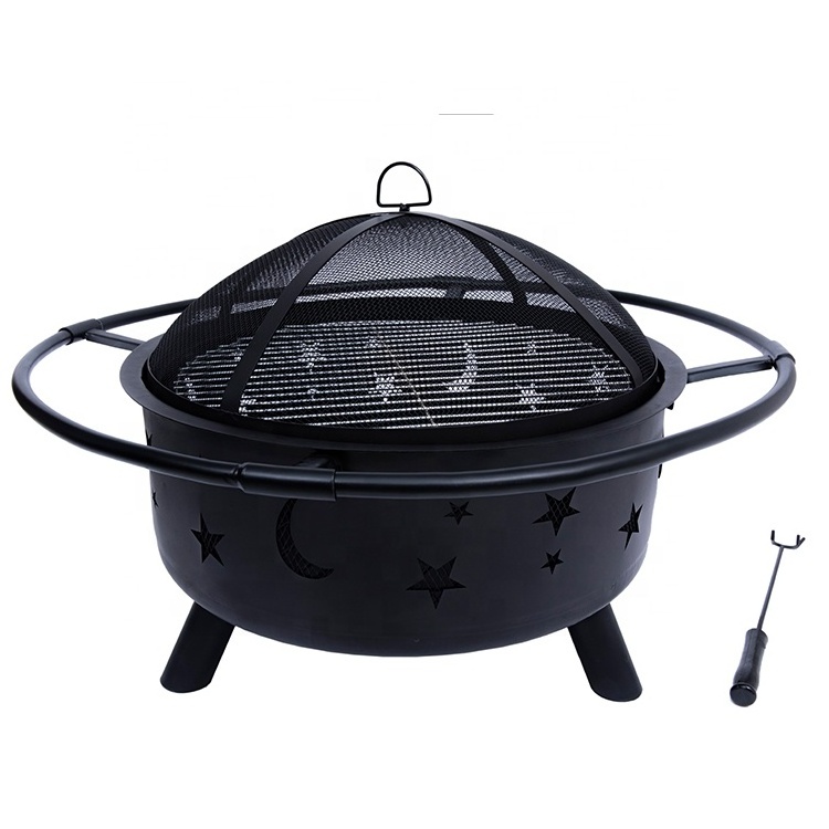 Steel Wood Burning Fire Pit Bowl Outdoor Fire Pits With Cooking Grate Patio Yard Garden Black Steel Wood-Burning Fire Pit