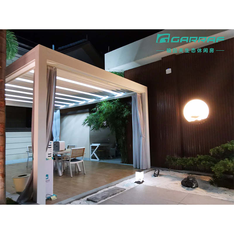 RGB Light Modern Bioclimatic Pergola Gazebo with Blinds Glass Door Outdoor Waterproof Motorized Louvered Aluminum Pergola