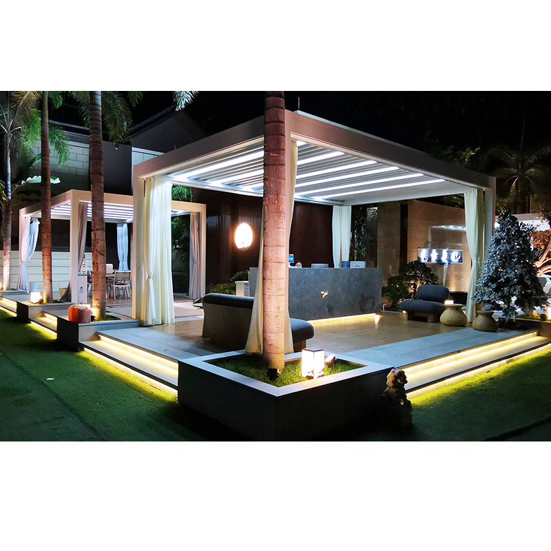 RGB Light Modern Bioclimatic Pergola Gazebo with Blinds Glass Door Outdoor Waterproof Motorized Louvered Aluminum Pergola