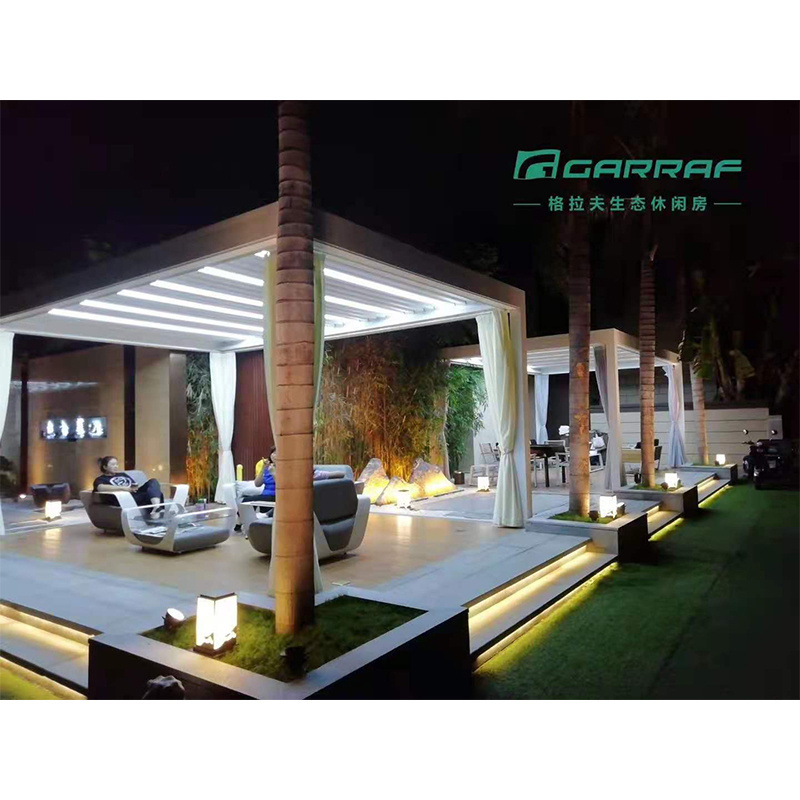 RGB Light Modern Bioclimatic Pergola Gazebo with Blinds Glass Door Outdoor Waterproof Motorized Louvered Aluminum Pergola