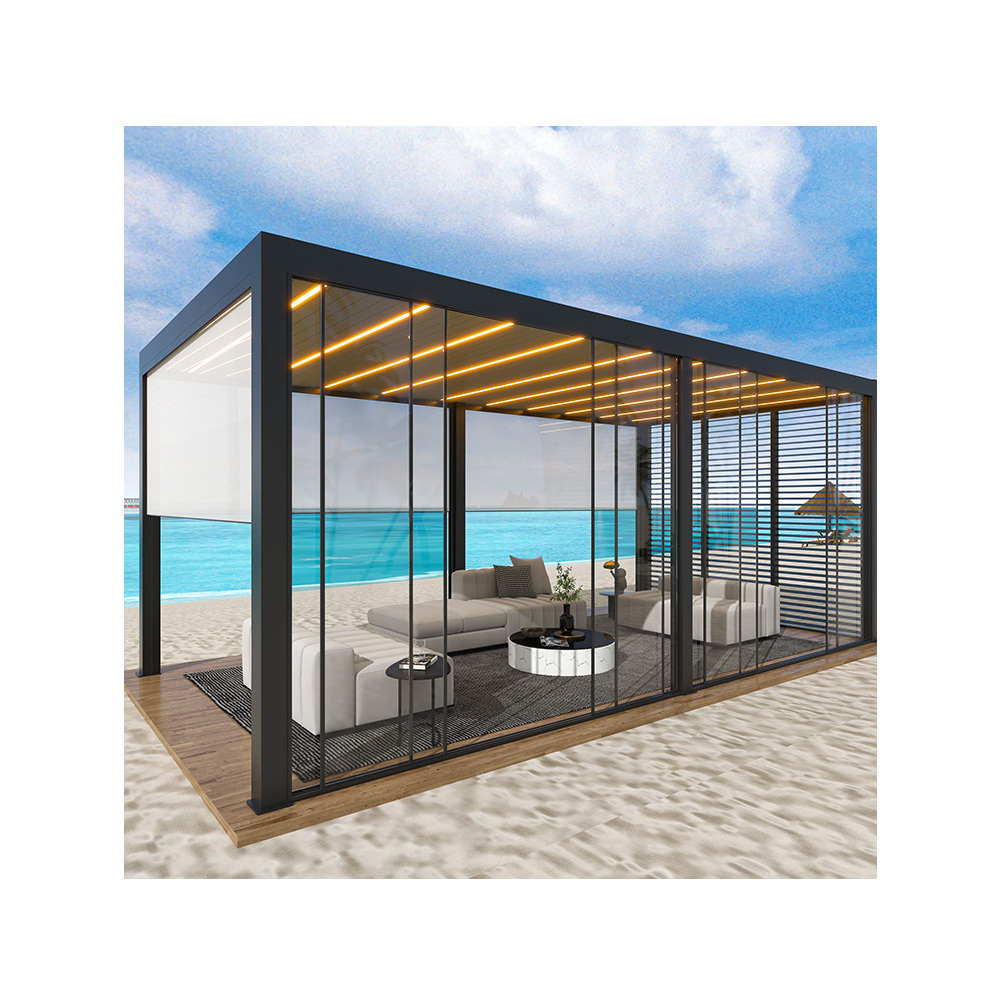 Electric Luxury Gazebo System Aluminum Louver Roof Pergolas and Gazebos Outdoor with Glass Sliding Doors and LED light