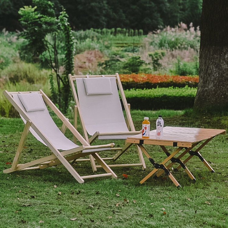 GARIDA GCFC-S039 factory outlet foldable beach chairs with Soft Comfortable Pillow adjustable wood lounge beach chair deck chair