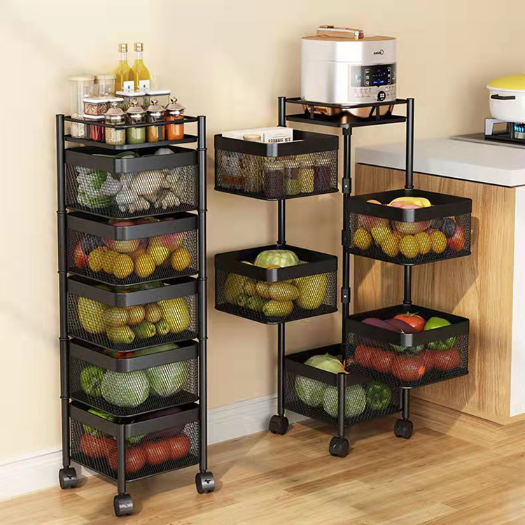 2/3/4/5 Layer Rotating Kitchen Storage Trolley Practical Square Shelf with Wheel Rotatable Holders & Racks