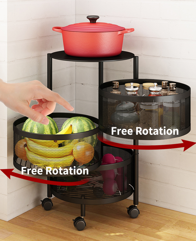 Wholesale 5-Tier Rotatable Metal Storage Rack 360 Degree Multi-Layer Vegetable Basket Holder Standing Type Installation