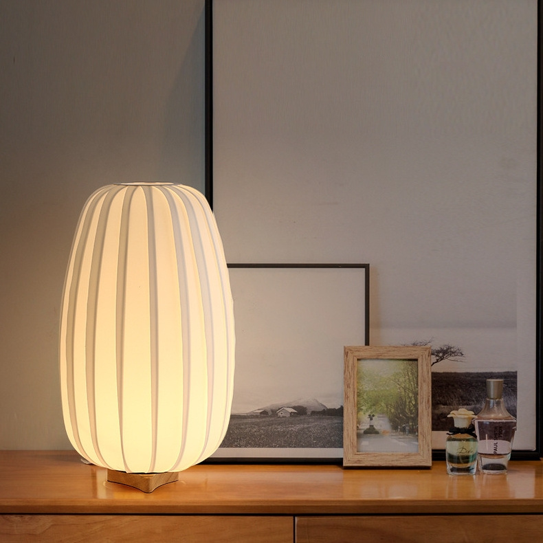 Japanese Lantern Shape Table Light Nordic Design White Fabric Table Lamp For Bedroom Living Room