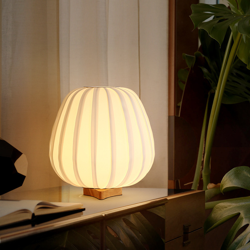 Japanese Lantern Shape Table Light Nordic Design White Fabric Table Lamp For Bedroom Living Room