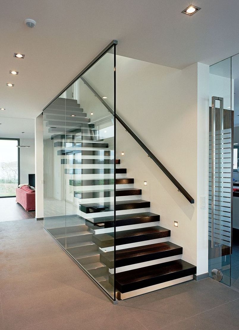 Customized Stairs with Tempered Glass Straight Mono Floating Staircase