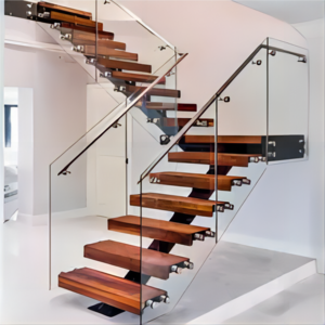 Contemporary style oak wood step staircase with led lights carbon steel mono beam  U shape stairs with glass railing for sale