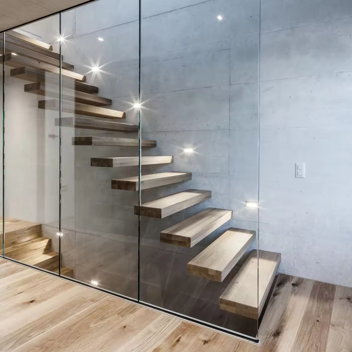 Customized Stairs with Tempered Glass Straight Mono Floating Staircase