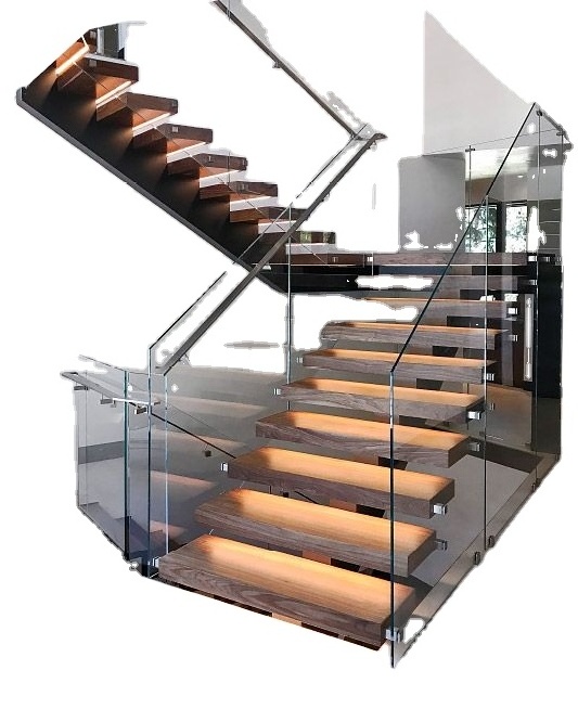 Step Cheap Interior Steel Mono Stringer Oak Wooden Staircase with Glass Railing with Lights Straight Modern Apartment 3 Years