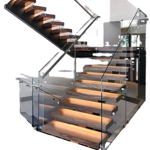 Step Cheap Interior Steel Mono Stringer Oak Wooden Staircase with Glass Railing with Lights Straight Modern Apartment 3 Years