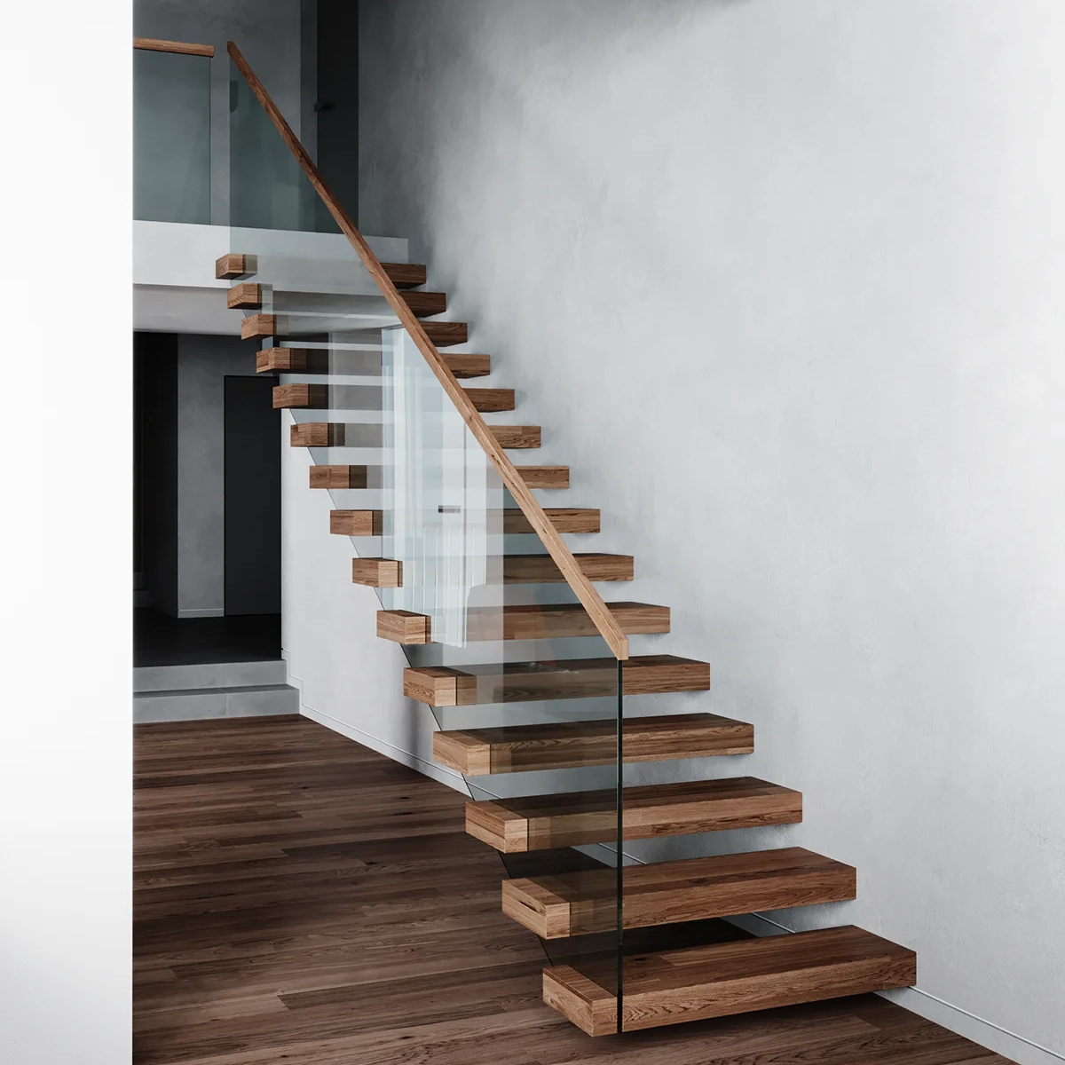 Basement stair pre-buried Stringer Staircase wood marble glass steps straight Floating stairs