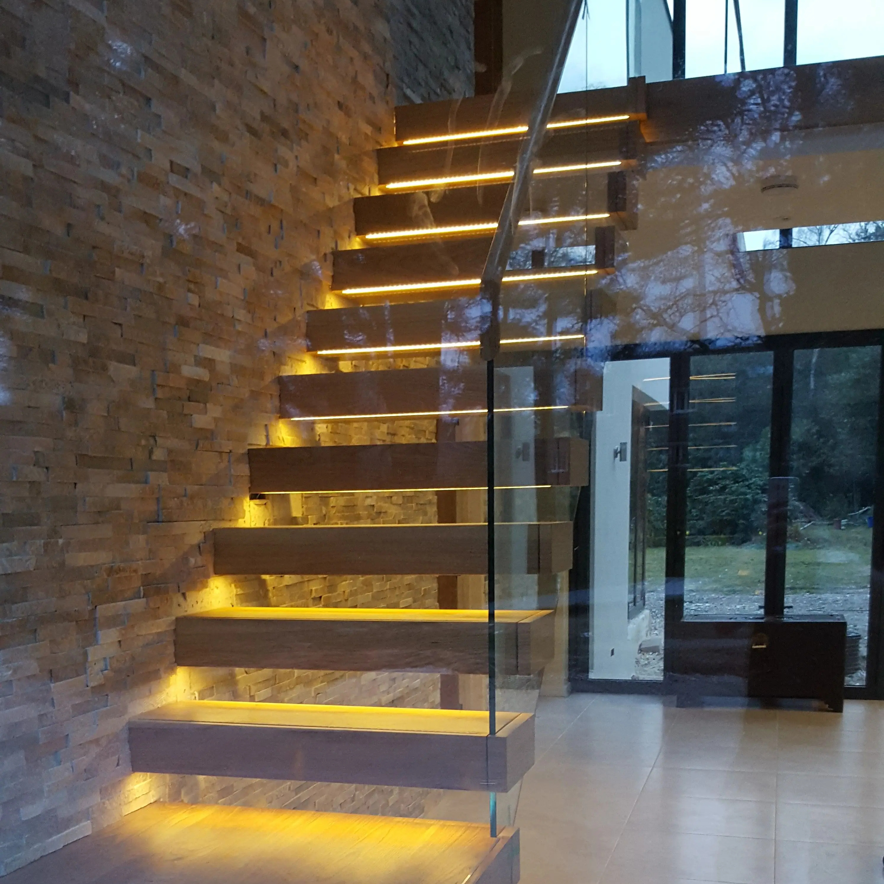 Basement stair pre-buried Stringer Staircase wood marble glass steps straight Floating stairs