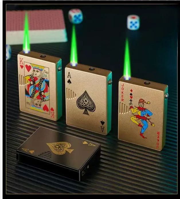 Jia Xin Creative Ace cards Lighter Green Jet Flame Torch Windproof Metal Encendedores For Cigarette Poker Playing Cards Lighter