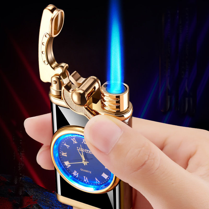 Creative Windproof Inflatable Direct BLUE Flame Press Watch gas Lighter FOR Cigarette