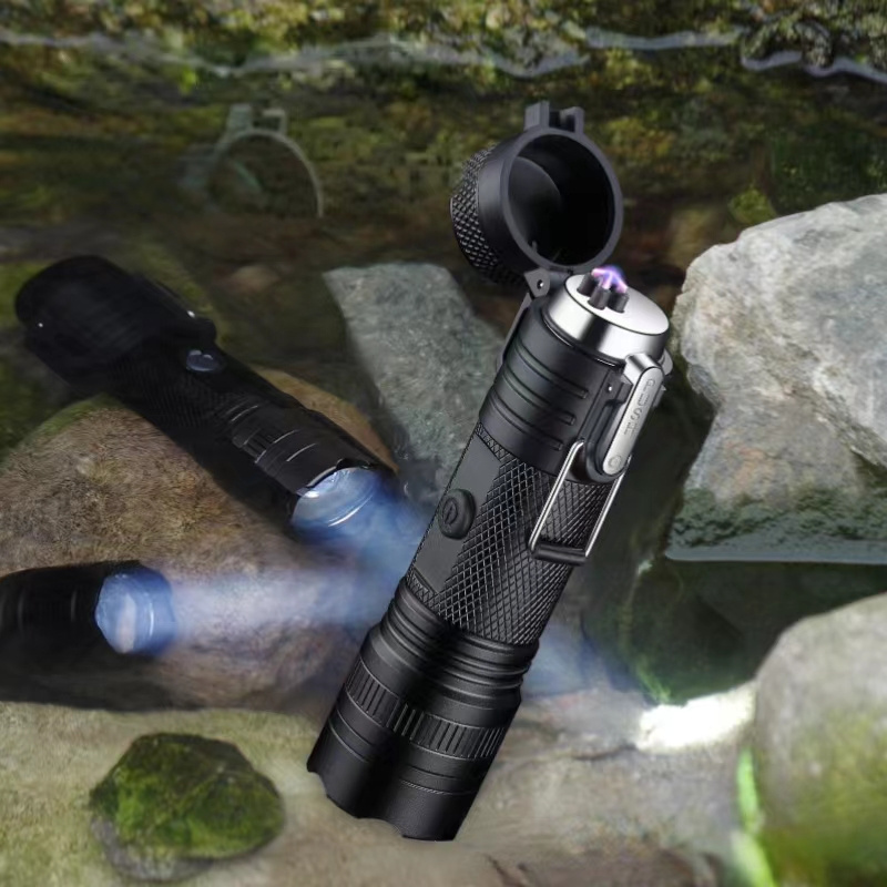 Waterproof Flashlight with Dual Arc Lighter USB Rechargeable Flameless Lighter Flashlight for Outdoor Survival Hiking Camping