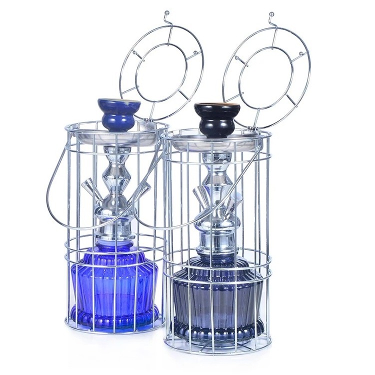 Wholesale Double Pipes Portable Glass Electric Hookah Shisha Iron Cage Hookahs Nargile Full Set With Cage