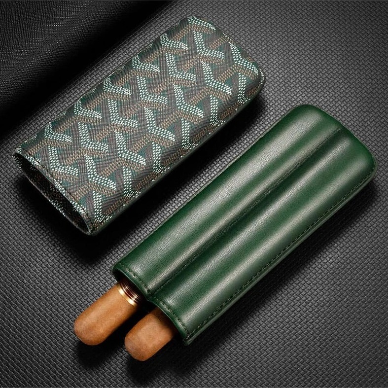 Factory wholesale Retro Travel Portable Pack Of Two Cow Leather Fabric Cabinet Cigar Case Humidor