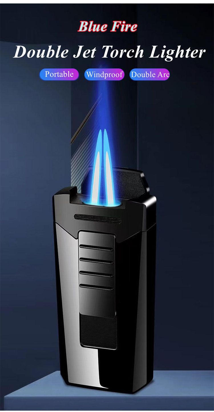 Hot Sale Torch lighter double   jet  blue flame windproof gas refillable  cigar lighters jet flame