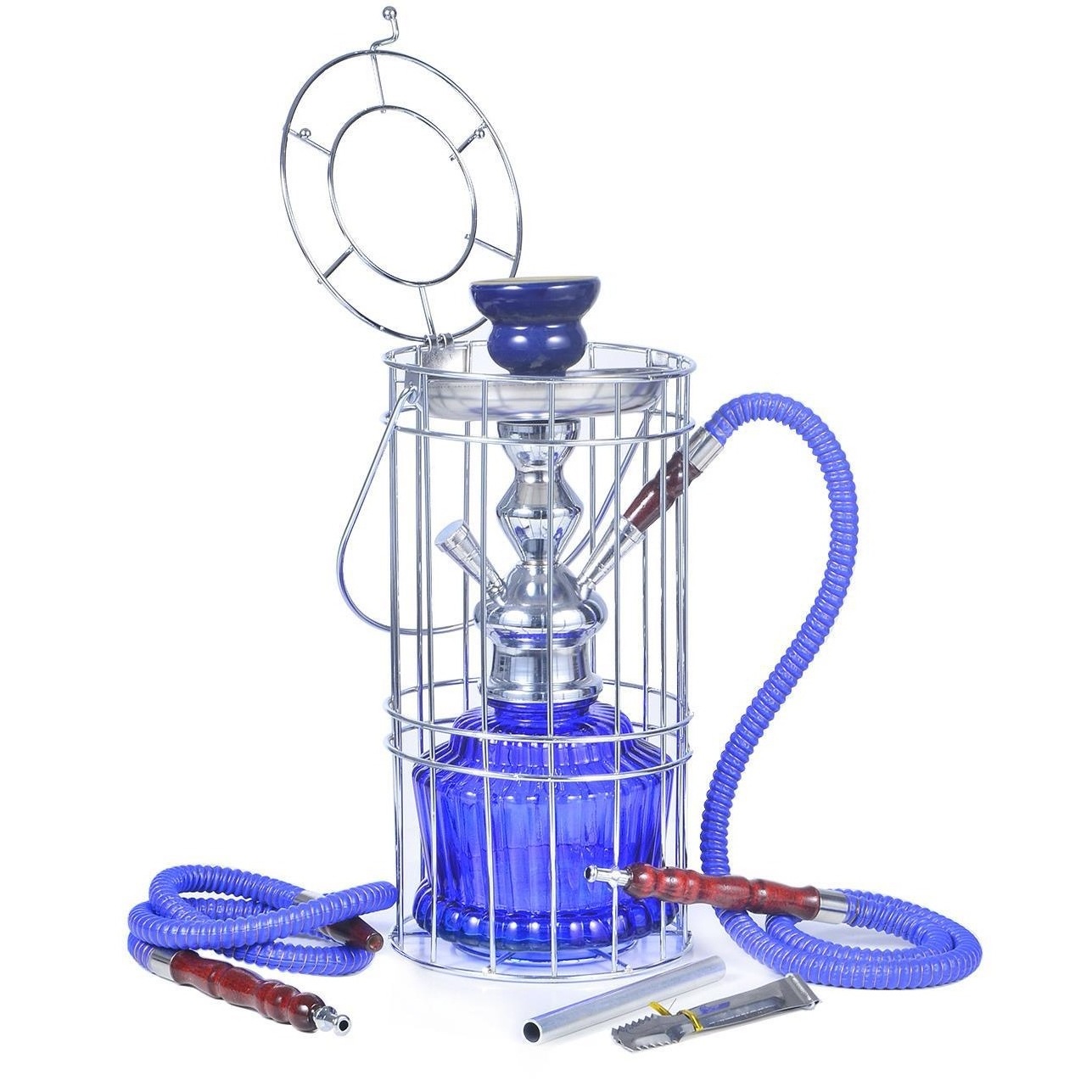 Wholesale Double Pipes Portable Glass Electric Hookah Shisha Iron Cage Hookahs Nargile Full Set With Cage