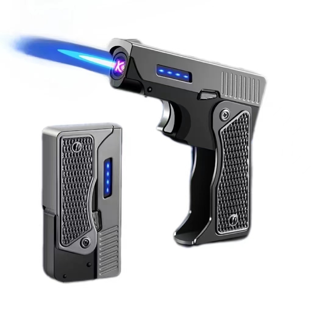 Creative Pistol Model Torch Lighter 2 in 1 Double Jet Flame Torch with USB Lighter Cool Folding Pocket Lighter