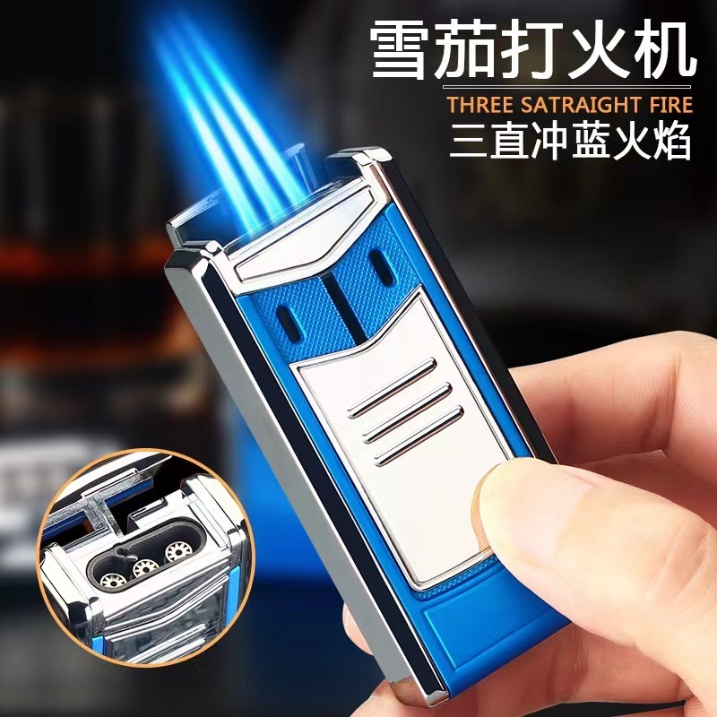 Cheap Blue Flame Three Straight Flames Smoking  Windproof Jet Torch Cigarette Cigar Lighter Refillable Empty Gas