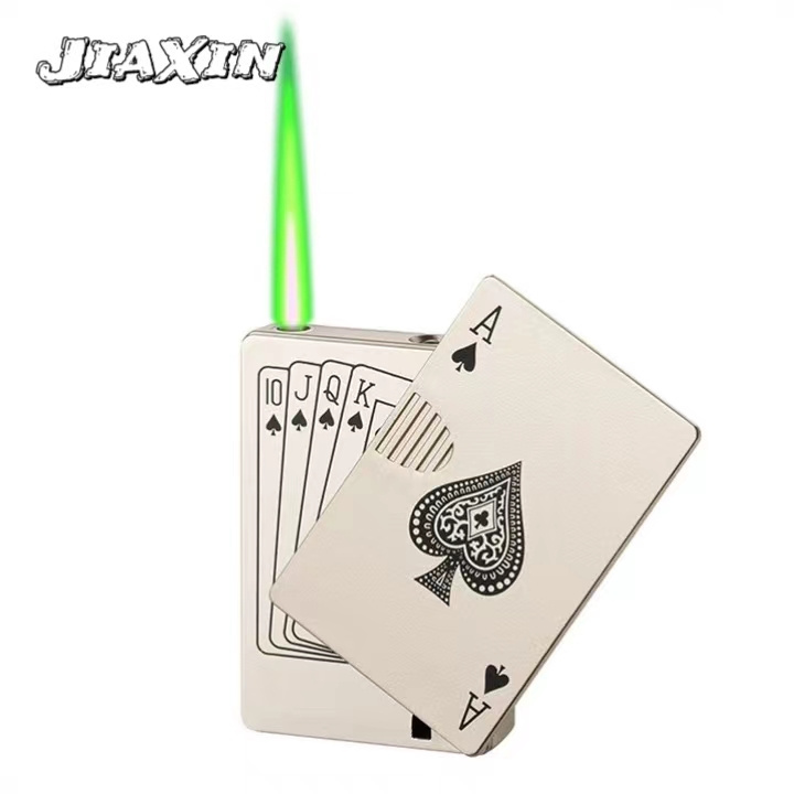 JiaXin Creative Ace cards Lighter Green Jet Flame Torch Windproof Metal Encendedores For Cigarette Poker Playing Cards Lighter