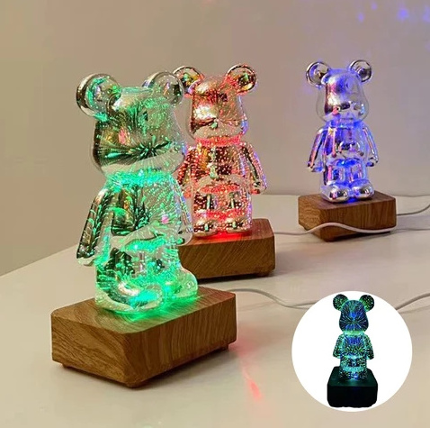 RGBW firework light bear glass 3d glass led fireworks bear night light 3d glass fireworks bear desktop decorative light