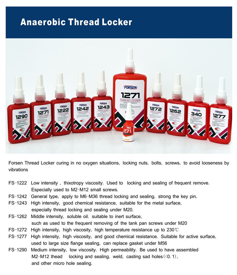 China 50ml Screw Glue Lock 222 242 243 262 Thread Sealant 270 271 Sealing 272 277 290 Anaerobic Locking Adhesive