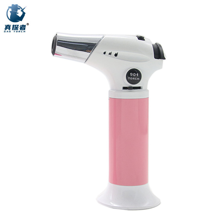 GF-901 High quality customizable color pink inflatable gas windproof jet flame metal butane torch gun lighter for kitchen