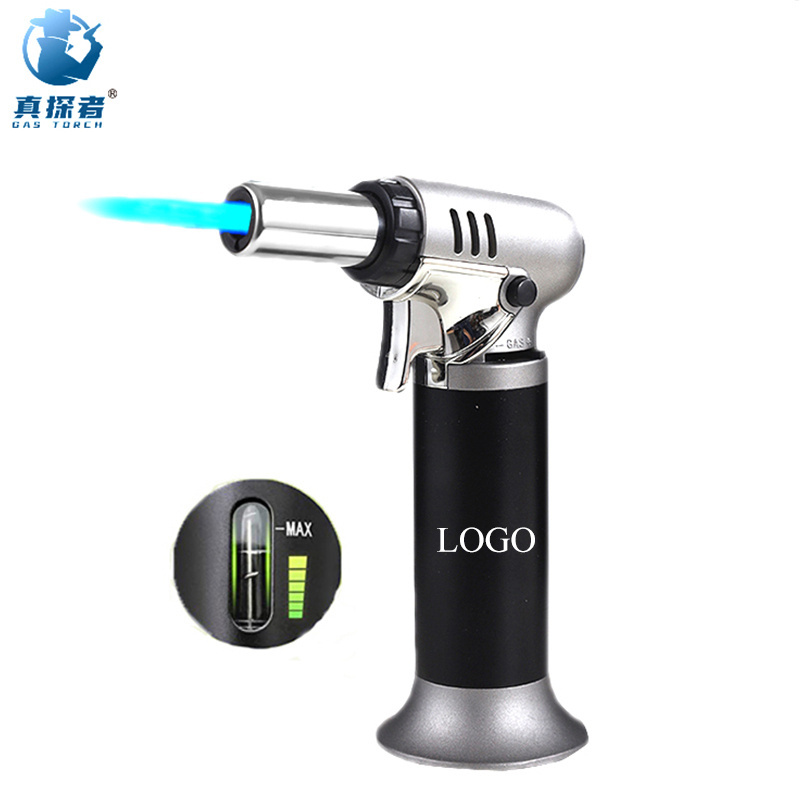 2023 GF907A custom logo printed refillable kitchen outdoor windproof jet torch flame butane torch lighter